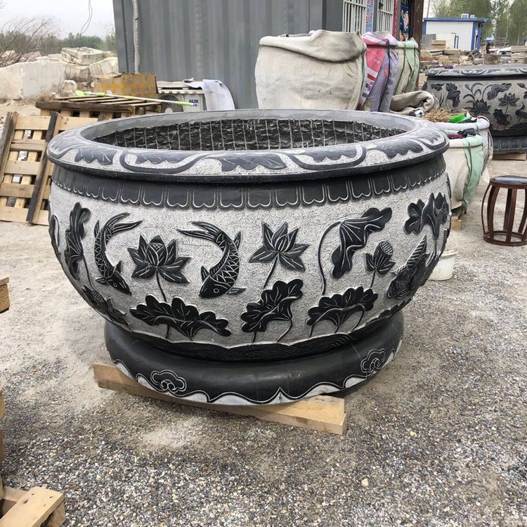 仿古鲤鱼荷花石浮雕水缸