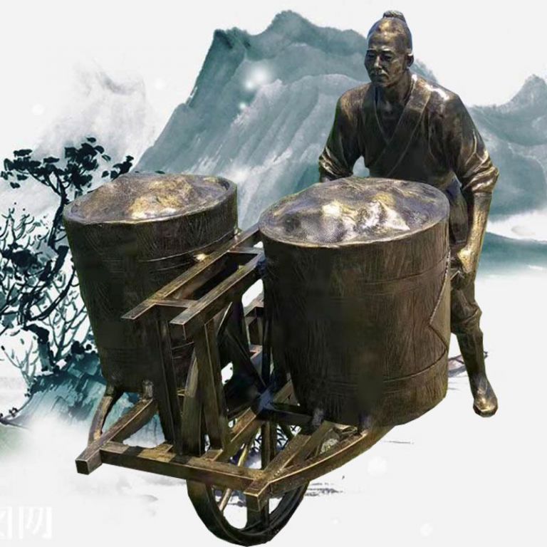 推着粮食小车老汉铜雕