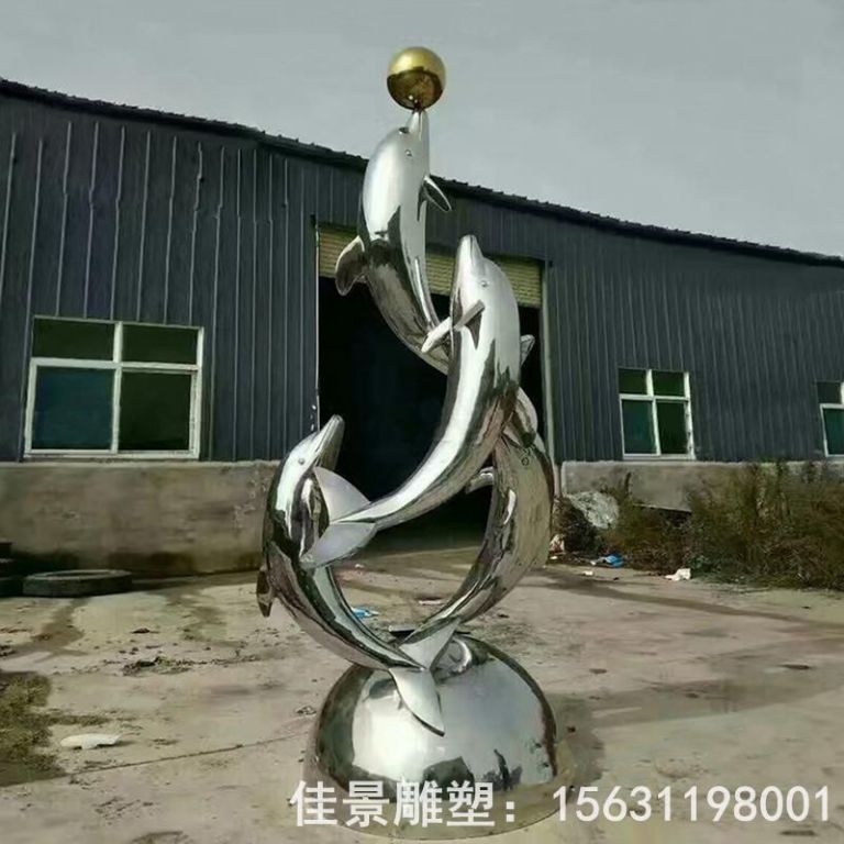 海豚戏球镜面不锈钢雕塑