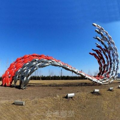 不锈钢公园抽象鱼群海浪造型雕塑