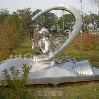 不锈钢公园拿花朵的儿童雕塑