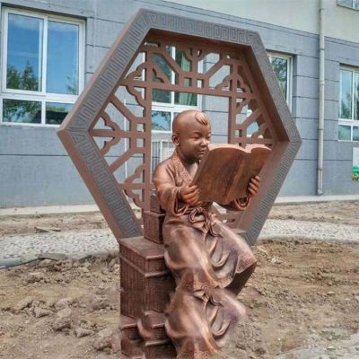 看书小男孩人物铜雕