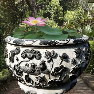 公园仿古鲤鱼荷花石浮雕水缸