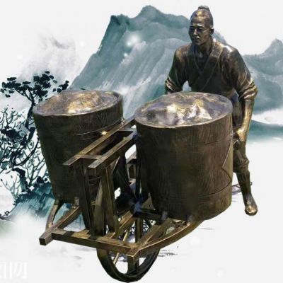 推着粮食小车老汉铜雕