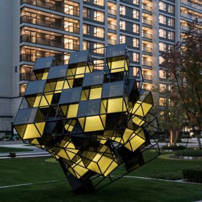 镂空魔方不锈钢标志街边雕塑