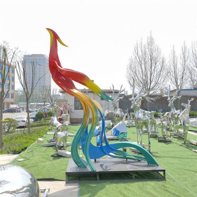 彩绘凤凰不锈钢小区雕塑