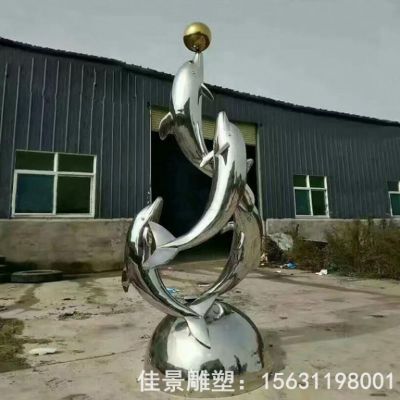 海豚戏球镜面不锈钢雕塑