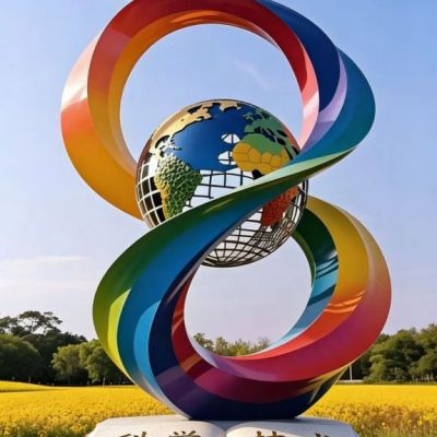七彩飘带镂空球雕塑 不锈钢雕塑厂家